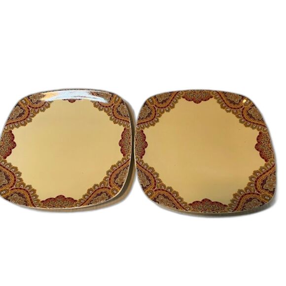 2 Bohemian Paisley 222 Fifth Spice Road Fine Porcelain 11" Square Dinner Plates - Picture 1 of 3